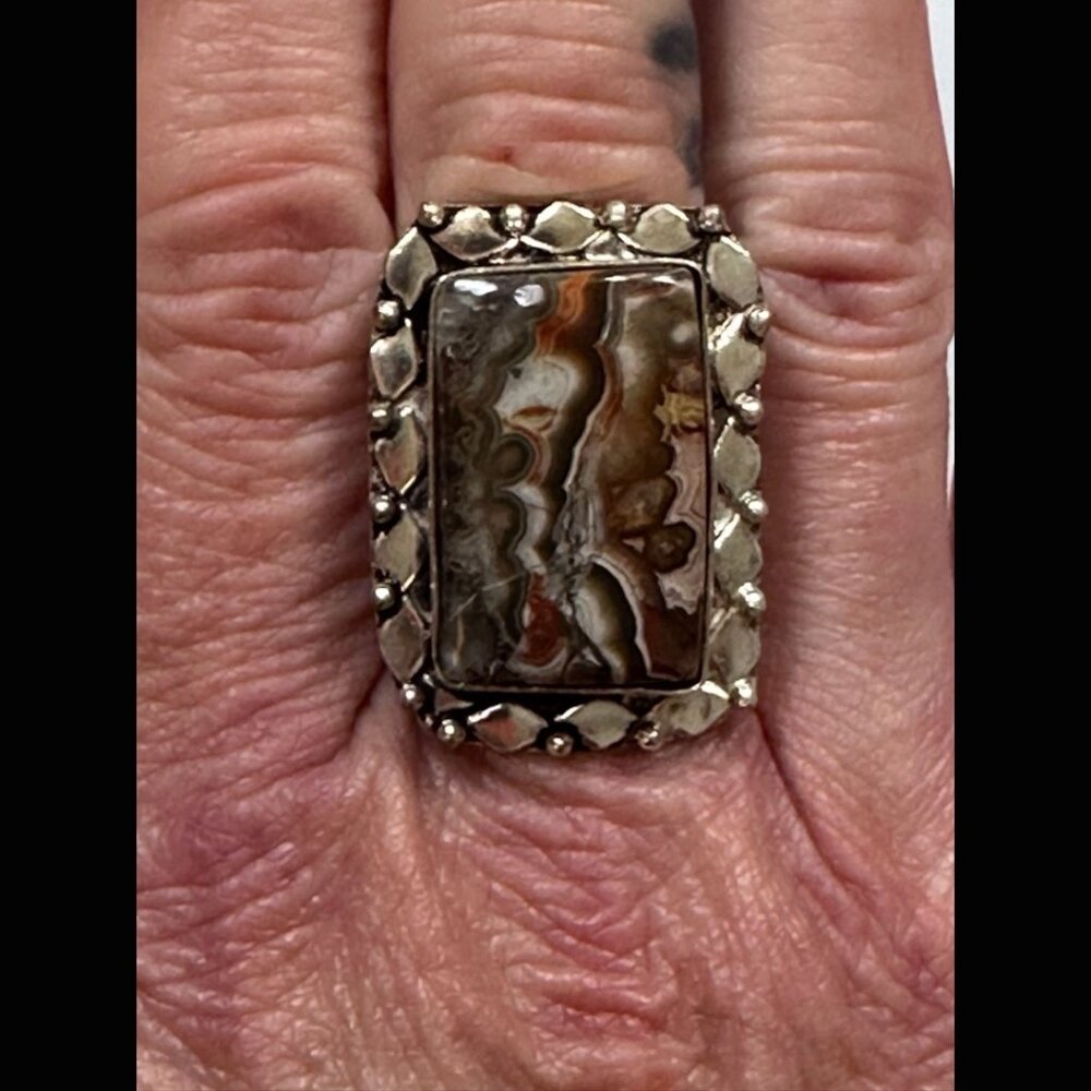 OOAK Square Mexican Agate Sterling Silver Ring 925 Western Style Boho 8
